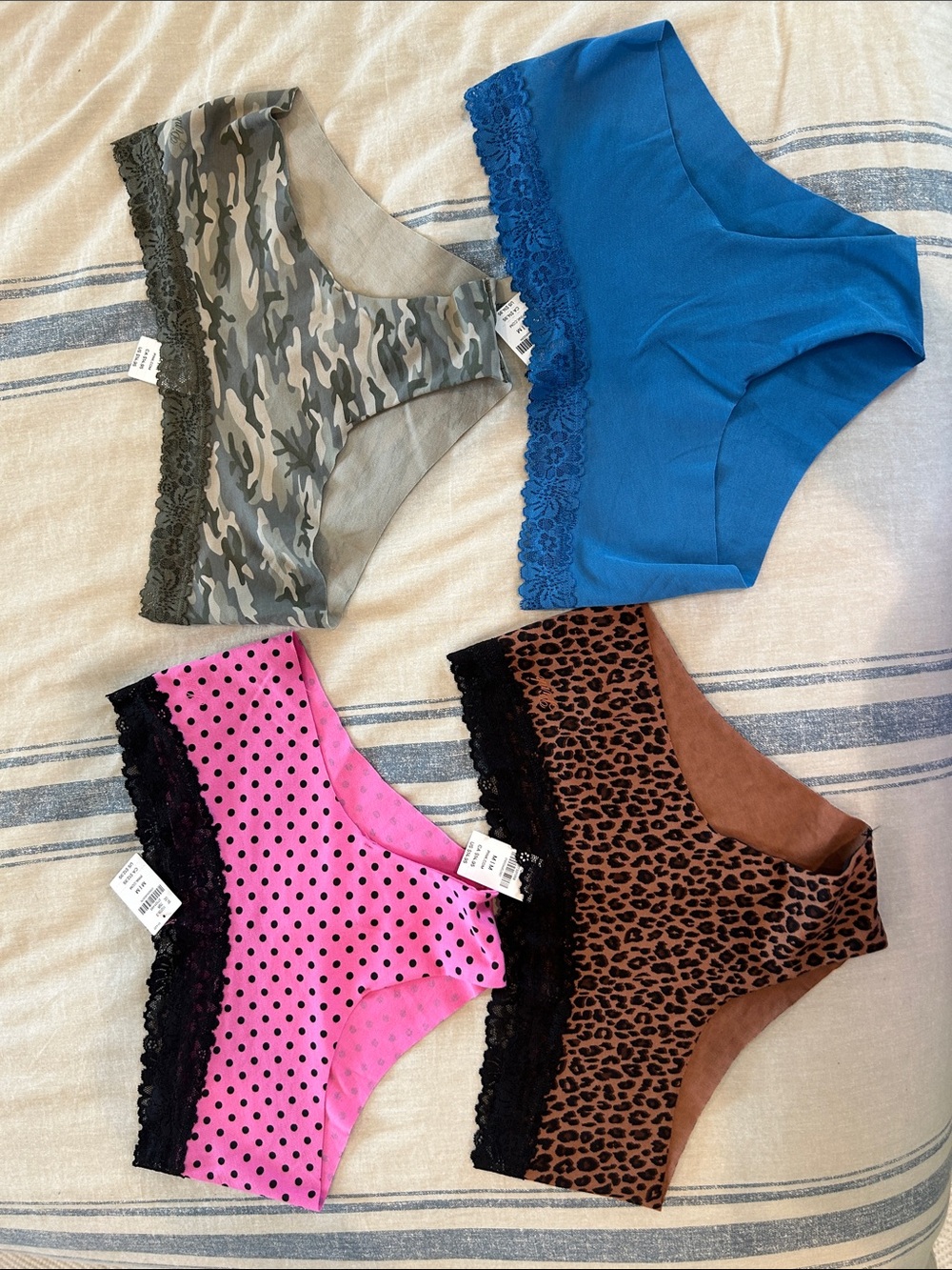 Pink VS Set NWT! Women's Lace-Trim Cheeky - Blue, Camo, Pink Polka Dot, Leopard